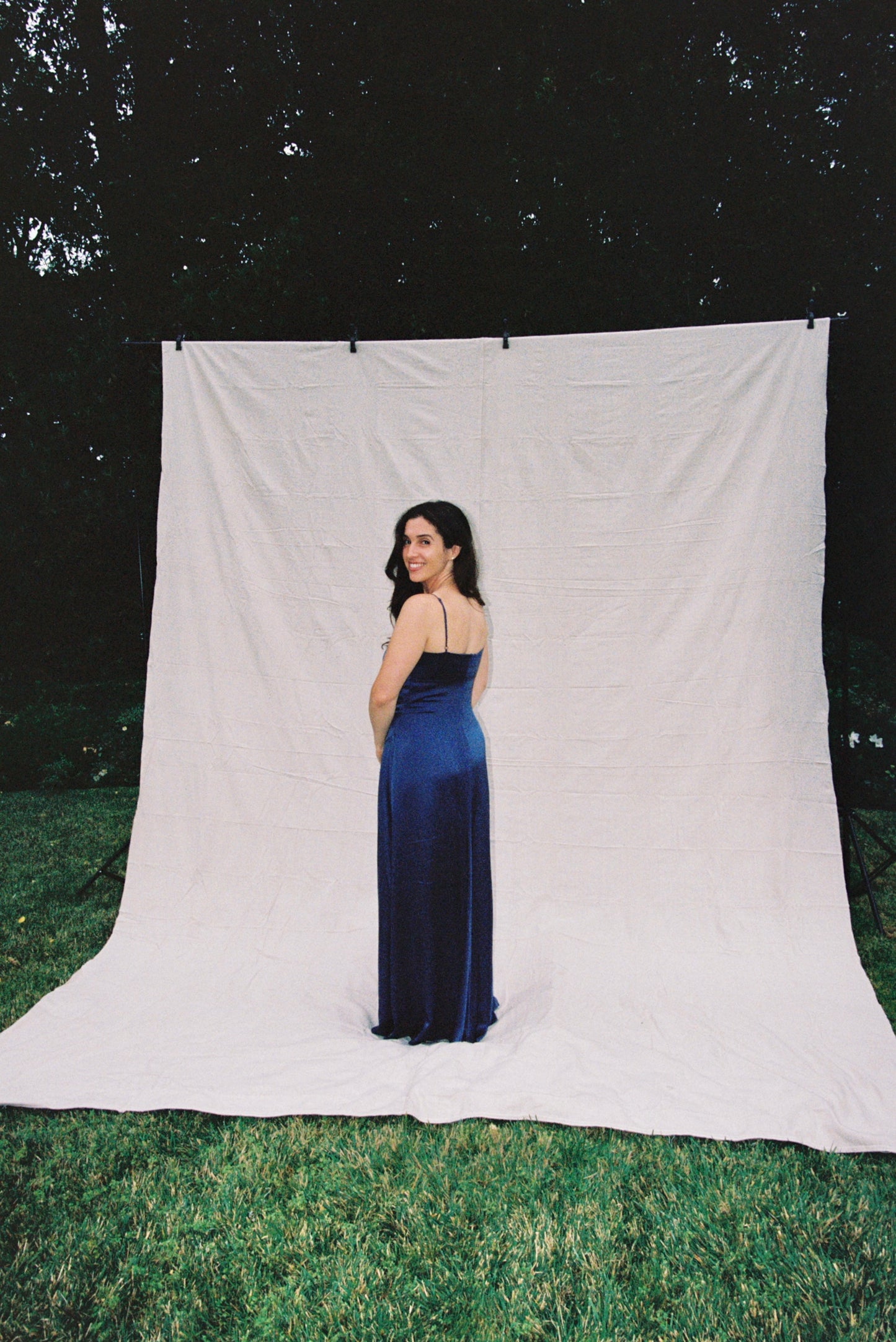 Reformation Navy Satin Selah Dress